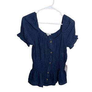 Crescent & Willough Blouse Women's Small Navy Smocked Short Sleeve Boho NWT
